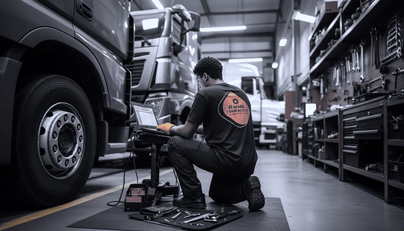 Mecânico da Garage Truck Center fazendo diagnóstico com scanner ao lado do caminhão